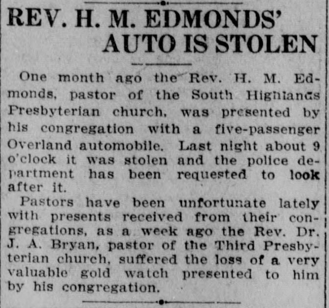 Rev. H.M. Edmonds' Auto Is Stolen